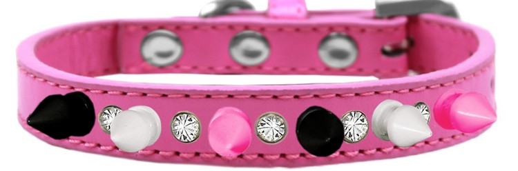 Crystal with Black, White and Bright Pink Spikes Dog Collar Bright Pink Size 10